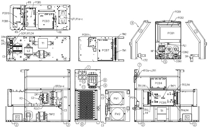 OTC DP400焊機零部件位置圖，標注各配件符號
