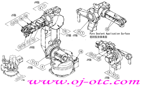 OTC Daihen FD11-A20 機(jī)器人分解圖，各軸及零件符號(hào)標(biāo)注
